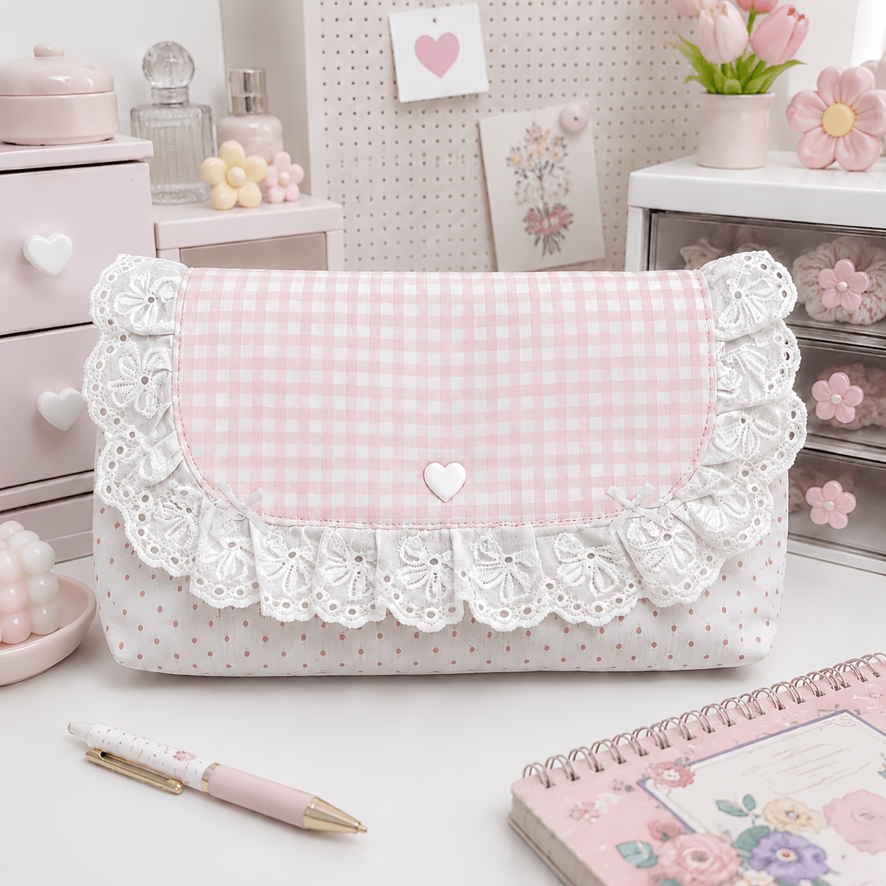 TEMU 1 pochette de rangement en dentelle à carreaux roses, organisateur compact multifonctionnel avec fermeture à . Parfait pour les pièces de