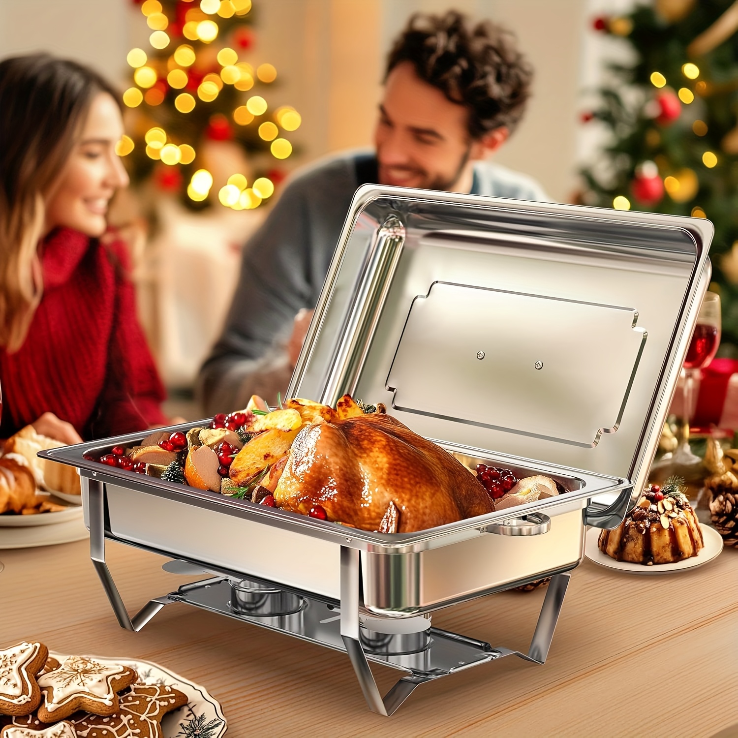 Image of Chafing Dish Buffet Set Of 1, 8qt Stainless Steel Rectangular Chafers And Buffet Warmer Sets For Catering, Foldable Complete Set Full Size Food Pan, Lid, Fuel Holder For Event Party Holiday - Cooking
