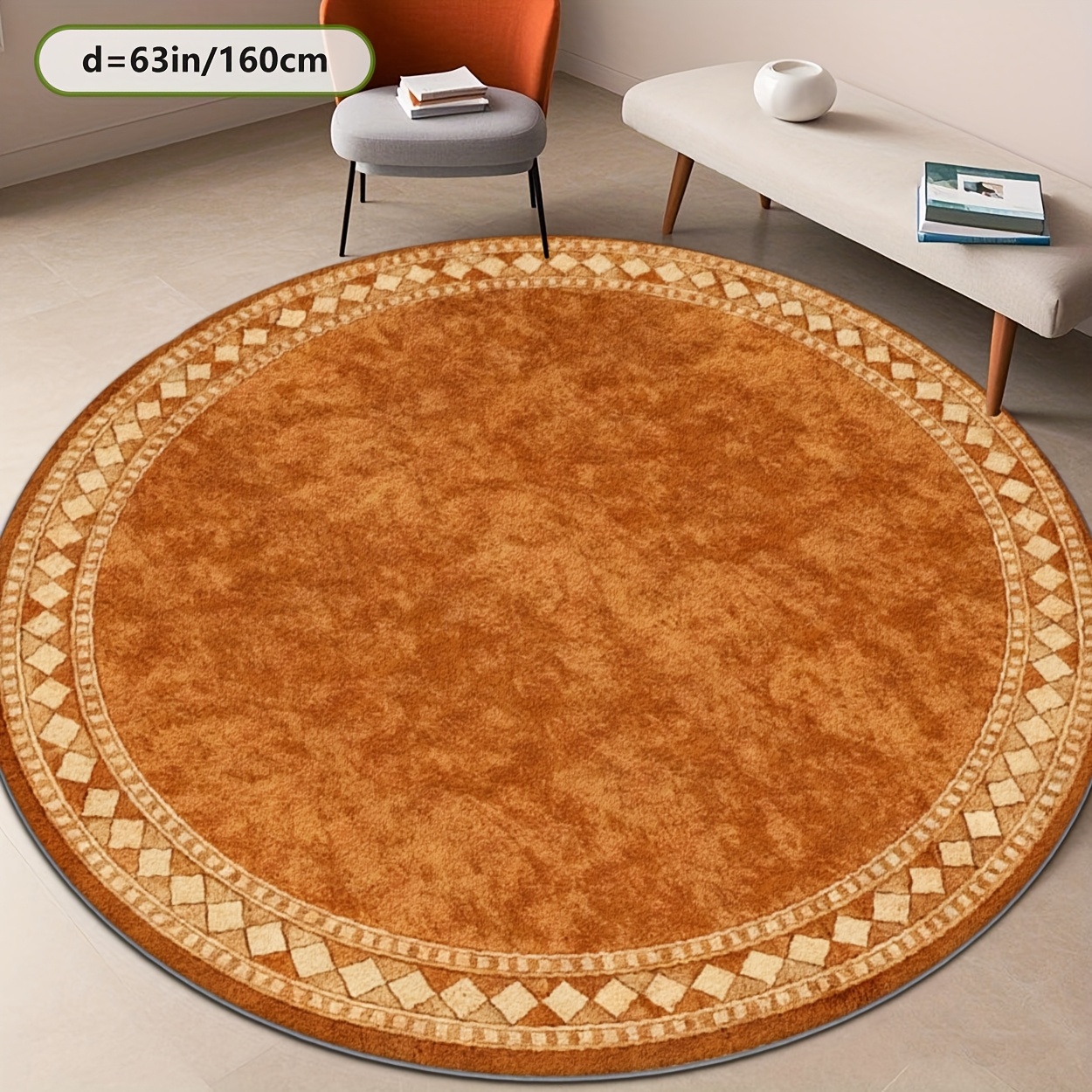 TEMU Soft Plush Round Rug With A Textured Orange Pattern, Suitable For Decor And Commercial Spaces. Ideal For Living Rooms, Bedrooms, And Settings