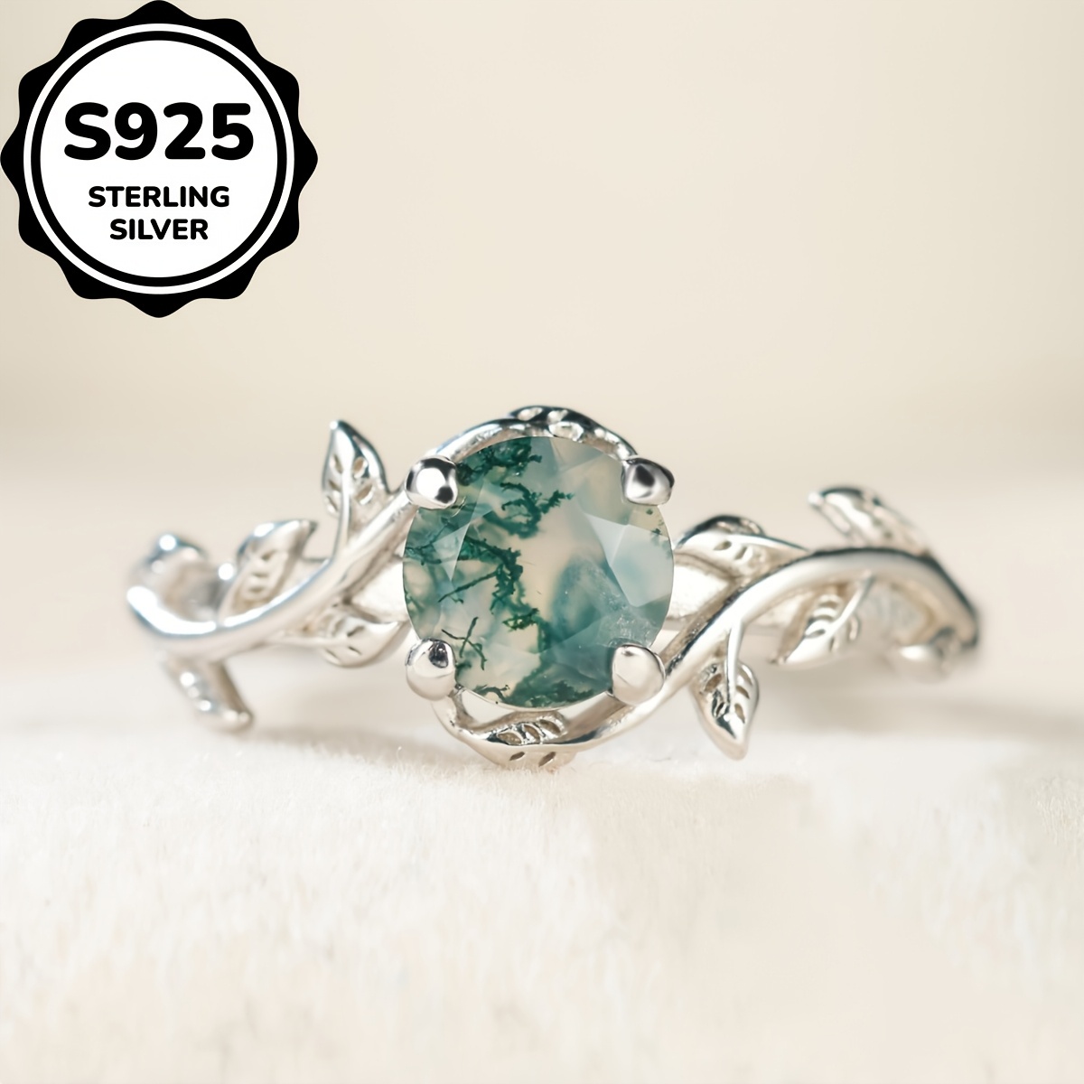 

Pure Silvery S925 Retro Round Agate Leaf Ring Simple And Ring For Gift 2.5g Note: Water Grass Agate Is A , Is