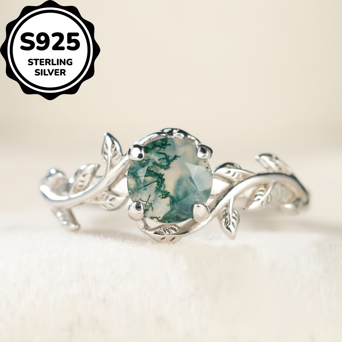 Pure Silvery S925 Retro Round Agate Edge Leaf Ring