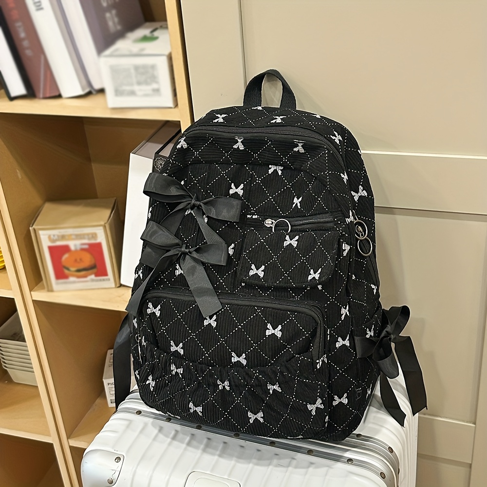 TEMU New Corduroy Bow Backpack For Women, Large Capacity Versatile Backpack, Niche Korean Style High-end Bow Backpack