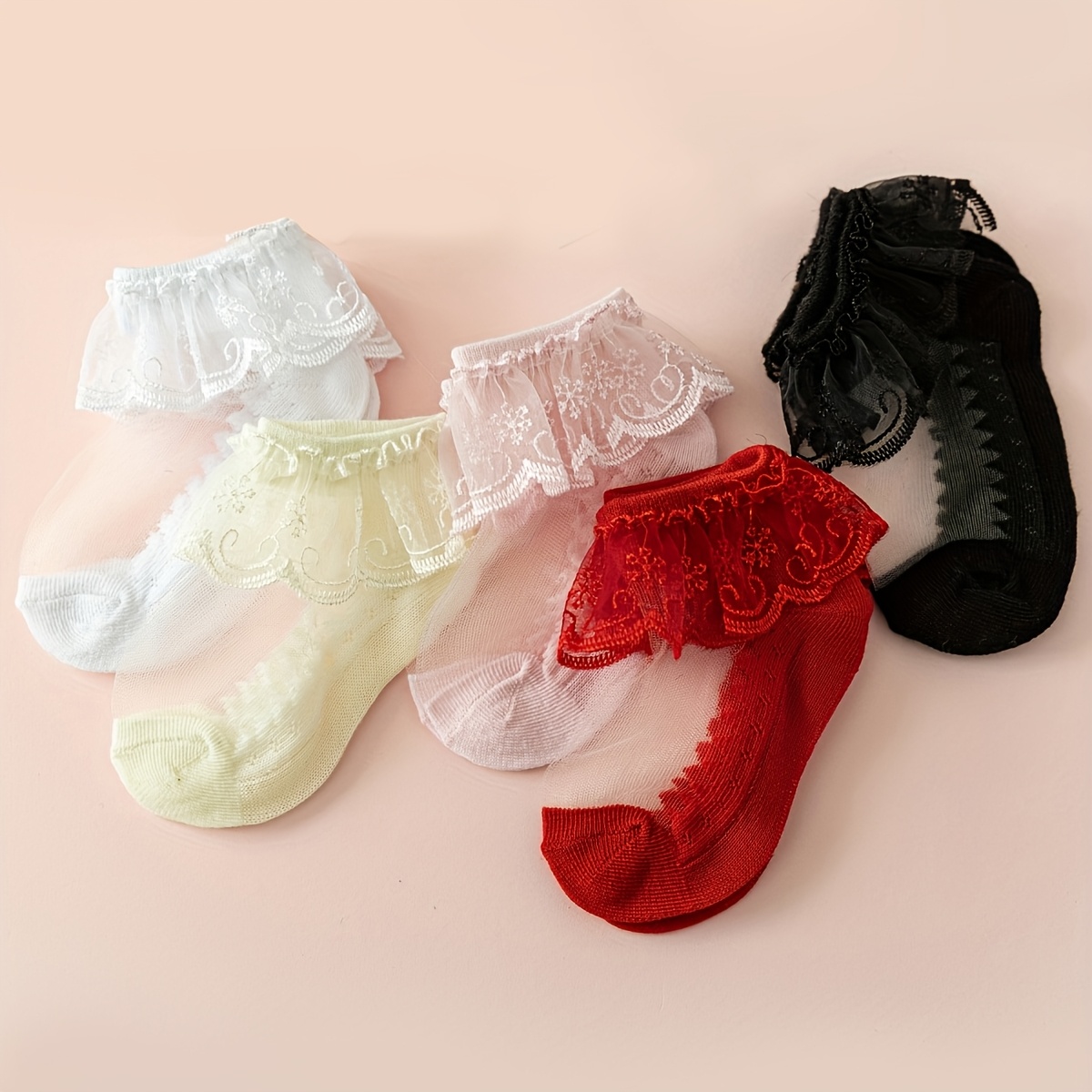 Image of 5 Pairs Of Baby Girl Lace Lace Stockings Baby Girls Socks Spring And Summer Crystal Transparent Princess Cute Mesh Breathable And Versatile Princess Socks Socks