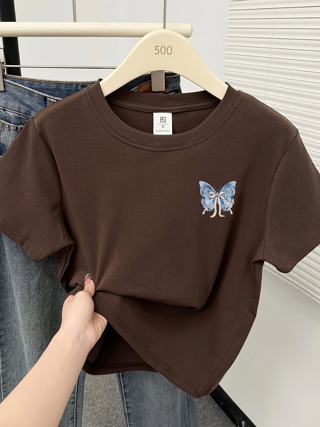 womens   fit   print t shirt hangin   with blue brown butterflies casual short sleeve top for spring summer   shirt Product details 11