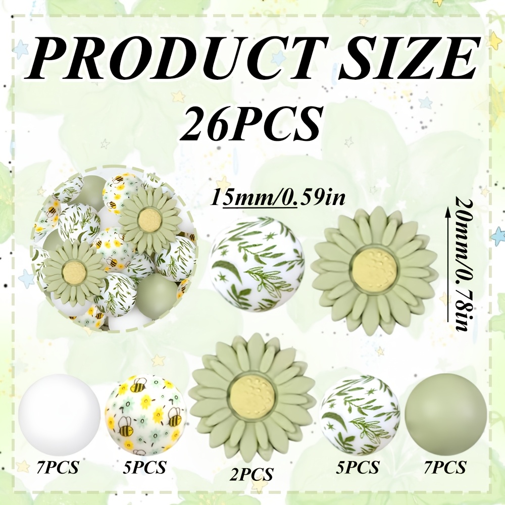 TEMU Lot de 26 perles en vert matcha et blanc crème avec perles rondes de fleur de marguerite de 15 mm, adaptées à la fabrication de bijoux DIY, aux