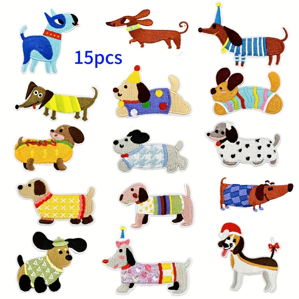 Image of 15pcs Colorful Clothes Dog Embroidery Cloth Stickers, Clothes, Shoes, Hats, Bags, Embroidery Patch Stickers, Ironing Or Sewing Decorative Cloth Stickers