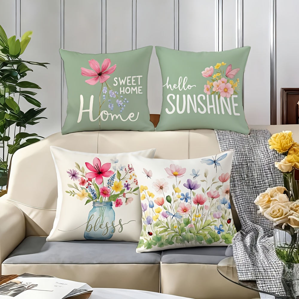 TEMU 4pcs Fresh Pastoral Style Home Cushion Covers, , Integrating Elements Of Flowers, Insects And Words, With Soft And Translucent Colors . Suitable