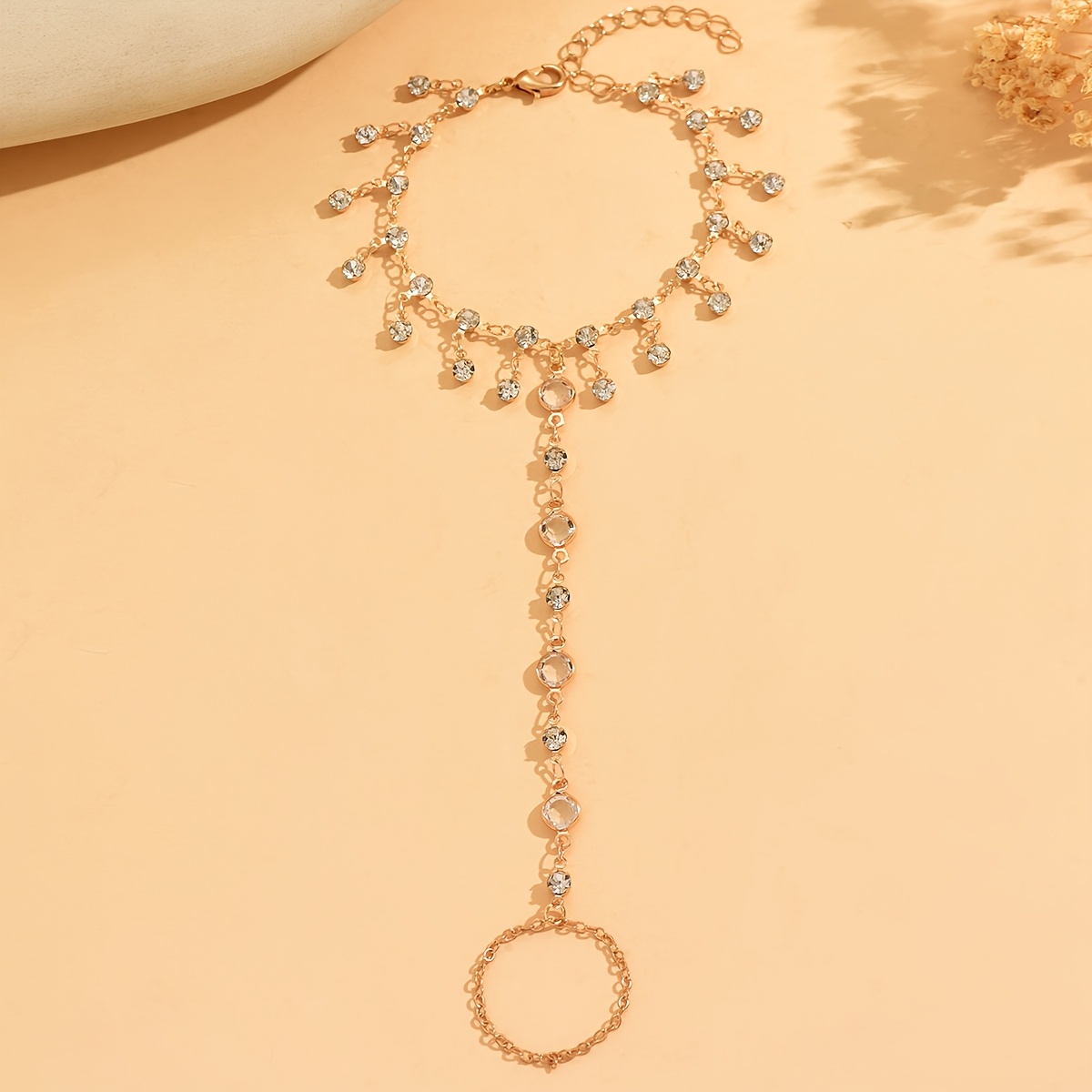Image of Gold-tone Finger Chain Bracelet With Tassels And Rhinestones | Handmade, Versatile, Kc Golden Plated Alloy, Suitable For Daily Wear And Party Occasions