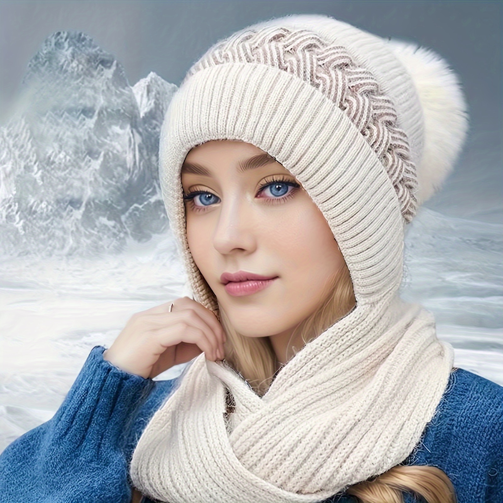 

Cozy Knit Winter Beanie With Integrated Scarf - , Warm & For Women | , Solid Color