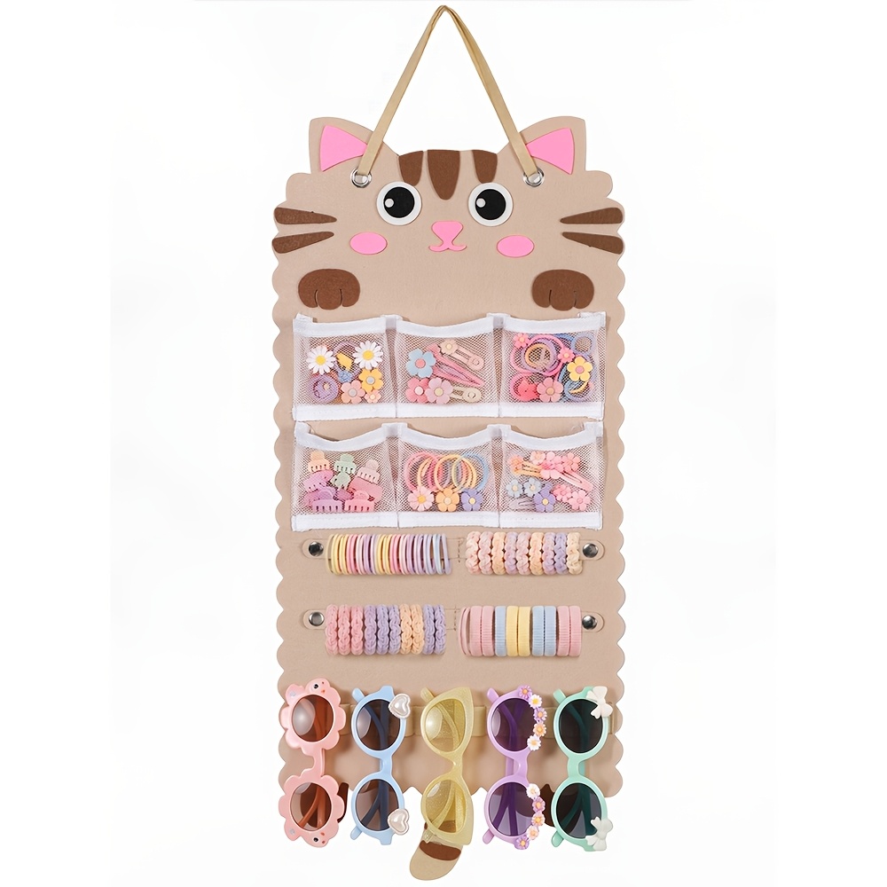 TEMU 1 Brown Cat Hanging Hair Clip Fashion Glasses Organizer, A Versatile Wall/door Decor With Mesh Pockets, , And Snap Straps, Perfect As A Gift Or