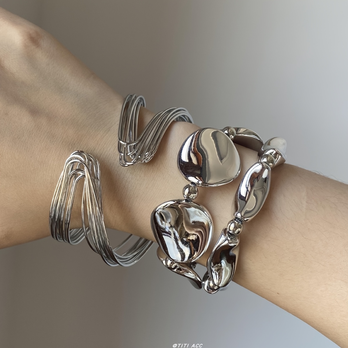 TEMU 3pcs European And American Women's Bracelet Set, Geometric , Versatile High-end Feel, Adjustable Open Bangle Jewelry