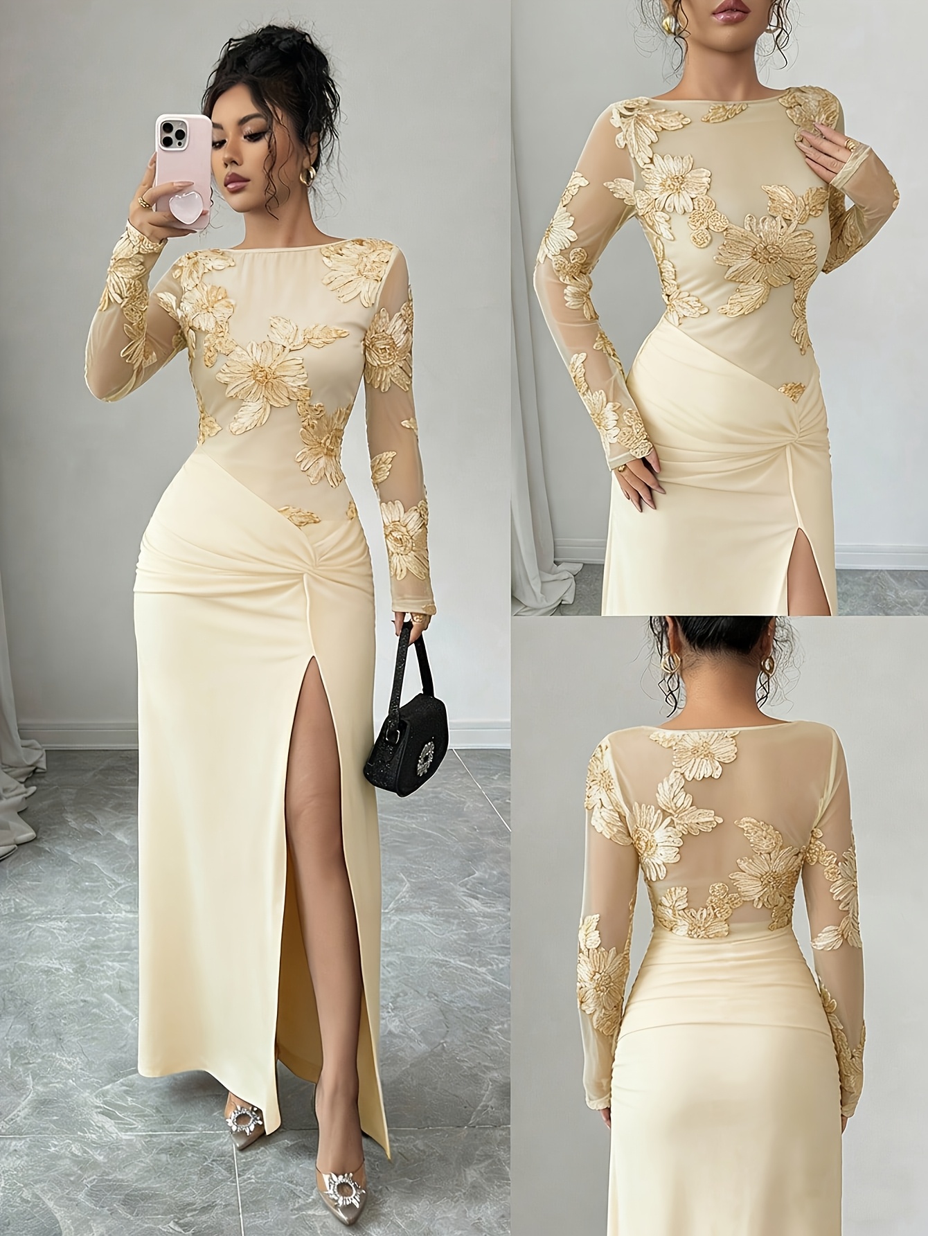 Elegant And Sexy Women's Slim-Fit Mesh Embroidered Patchwork High Slit Dress