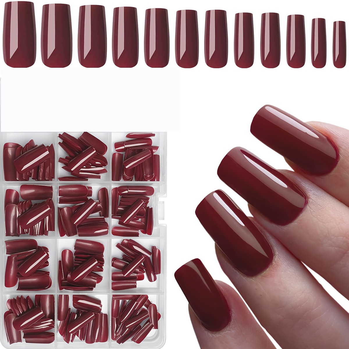 TEMU 240pcs Square Burgundy Press-on Nails, Long Fake Tips Full Cover Burgundy False Fingernails For Women, Reusable, Dashing, Suitable For Daily