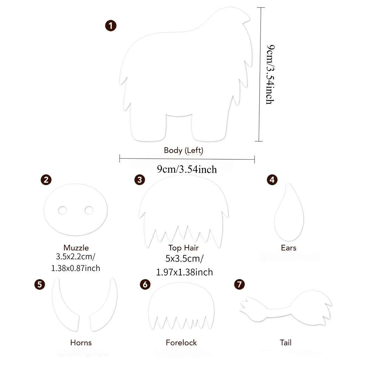 TEMU 7pcs Set Of Highland Cow Pet Sewing Cutting Templates, Fabric Highland Cow Handcraft Patterns, Reusable Fabric Doll Tracing Templates, No Hand