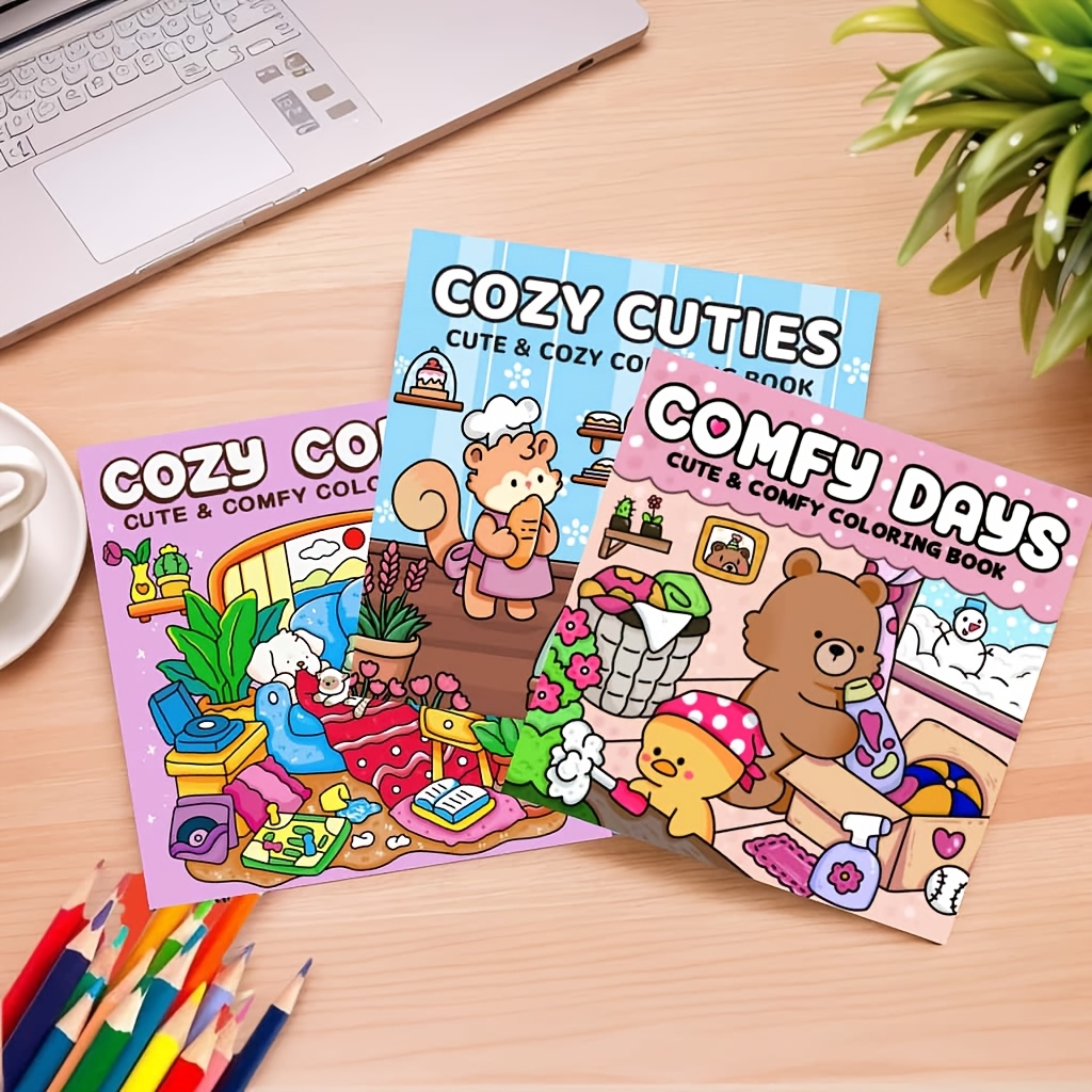 TEMU This Set Of 3 Coloring Books Is Called "", "cozy Corners" And "sweet And Cuddly ". It Features Illustrations Of Fluffy Animals Their Life And