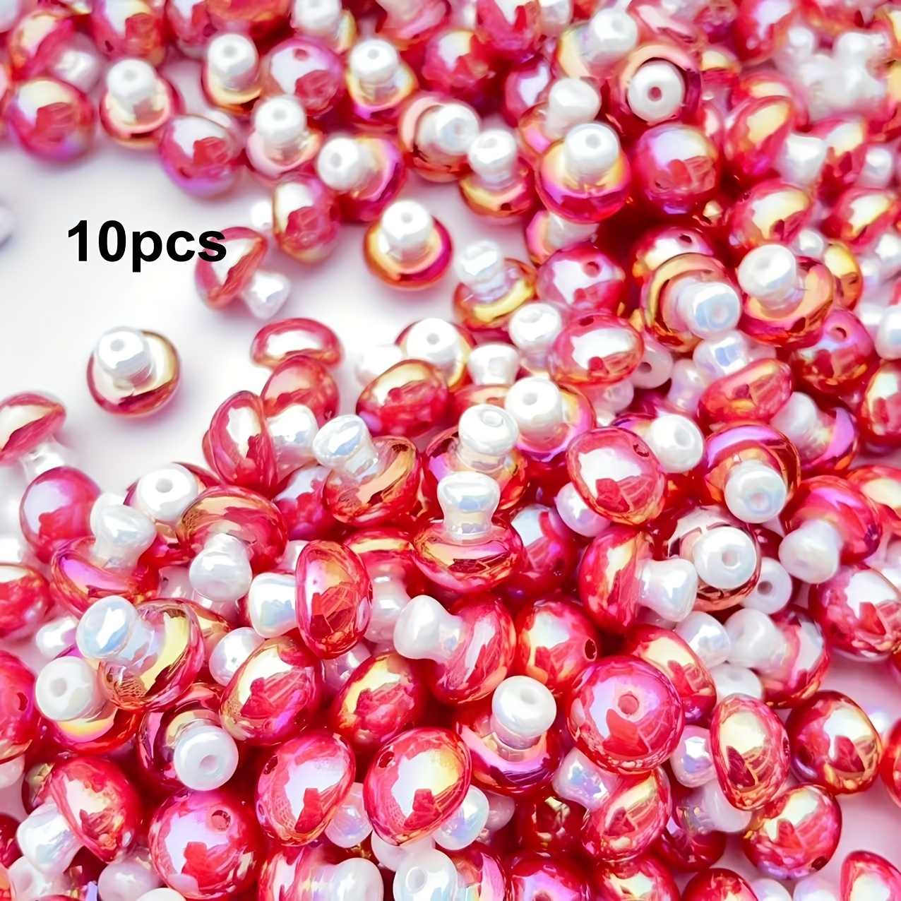 Image of Mushroom-shaped Acrylic Beads 10pcs, Red Iridescent End, For Jewelry Making, Necklaces, Earrings, Charm Bracelets & Phone Chains, Casual Themed Decorative Bead Set