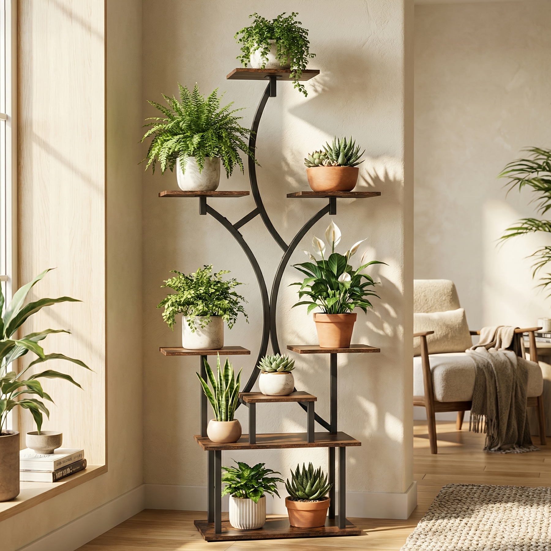 Image of 162cm Tall Tiered Plant Rack, Perfect For Small Apartments, , And Living Room Corners. Metal Shelf, Indoor Space Saving Corner Flower Stand For Many Large Plant Pots