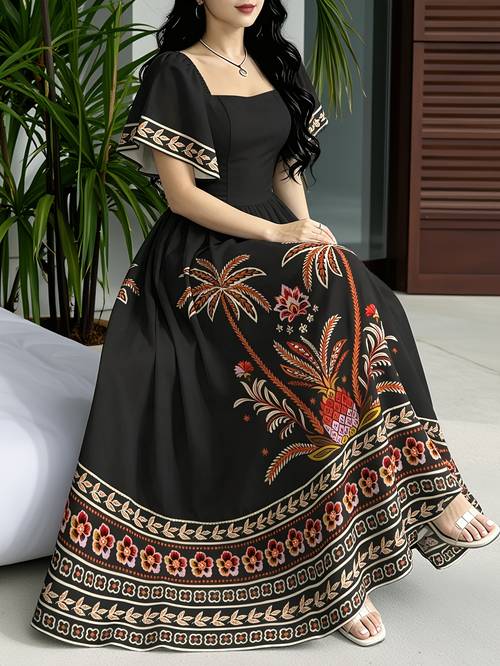 imagen del artículo vestido de estilo resort con temática floral un diseño con estampado de de , un escote cuadrado y cortas, equipado con un diseño que realza la cintura y una .
