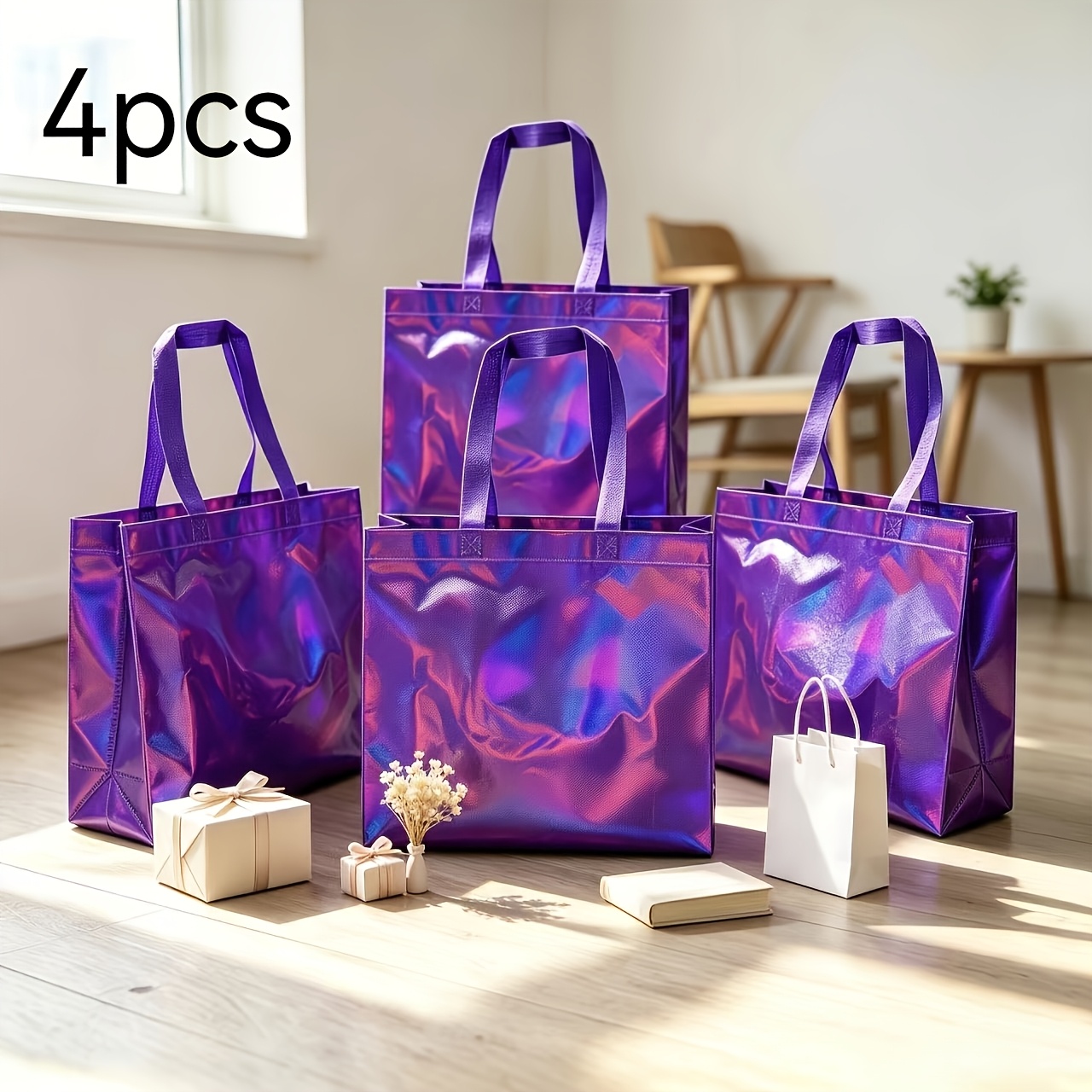 TEMU 4pcs Iridescent Reflective Gradient Non-woven Gift Bags, Reinforced Long Handle Laminated Material, Solid Appearance, Suitable For Daily
