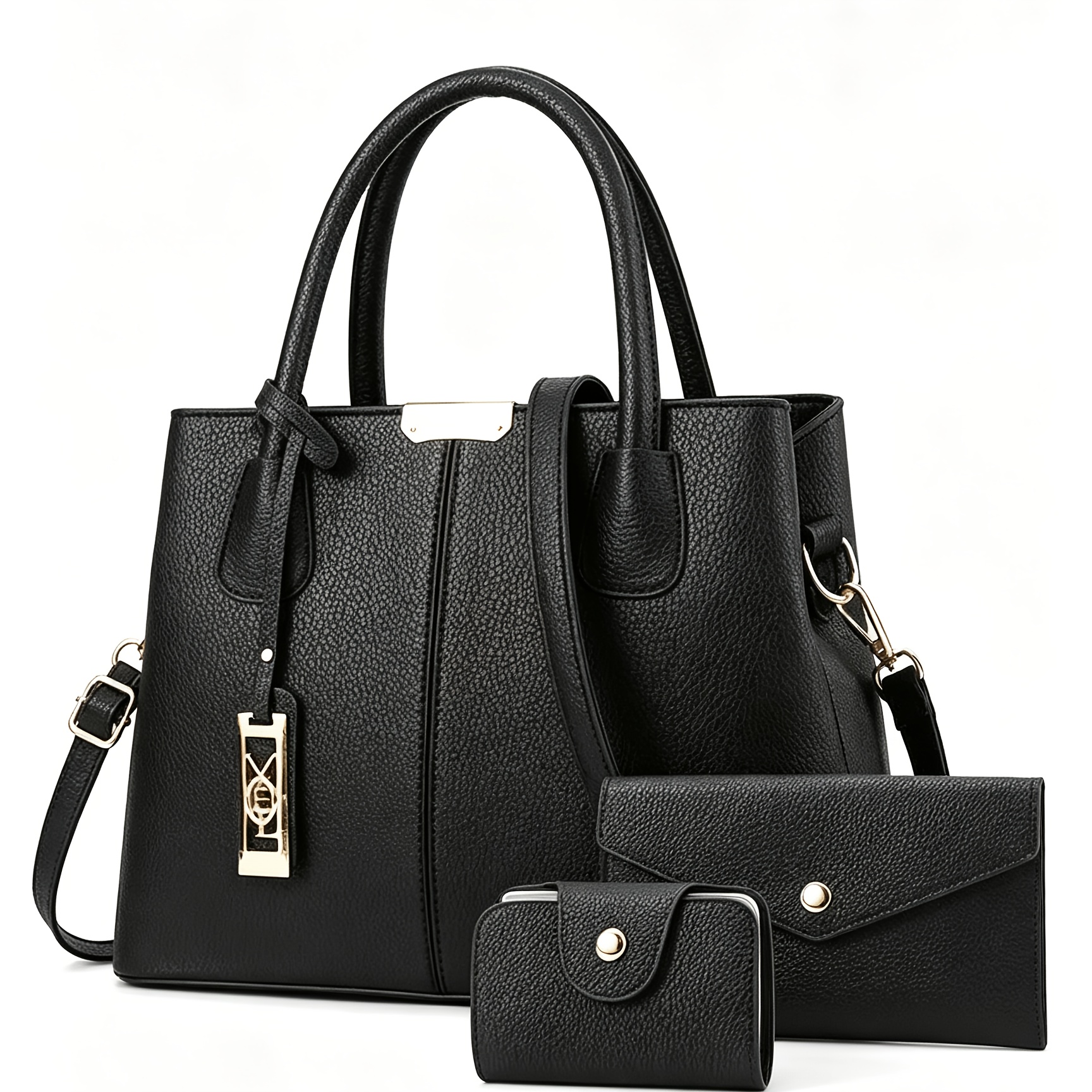 TEMU Ensemble de 3 pièces de sacs à main pour femme, sac fourre-tout à poignée supérieure en PU à grain litchi, bandoulière amovible, pochette