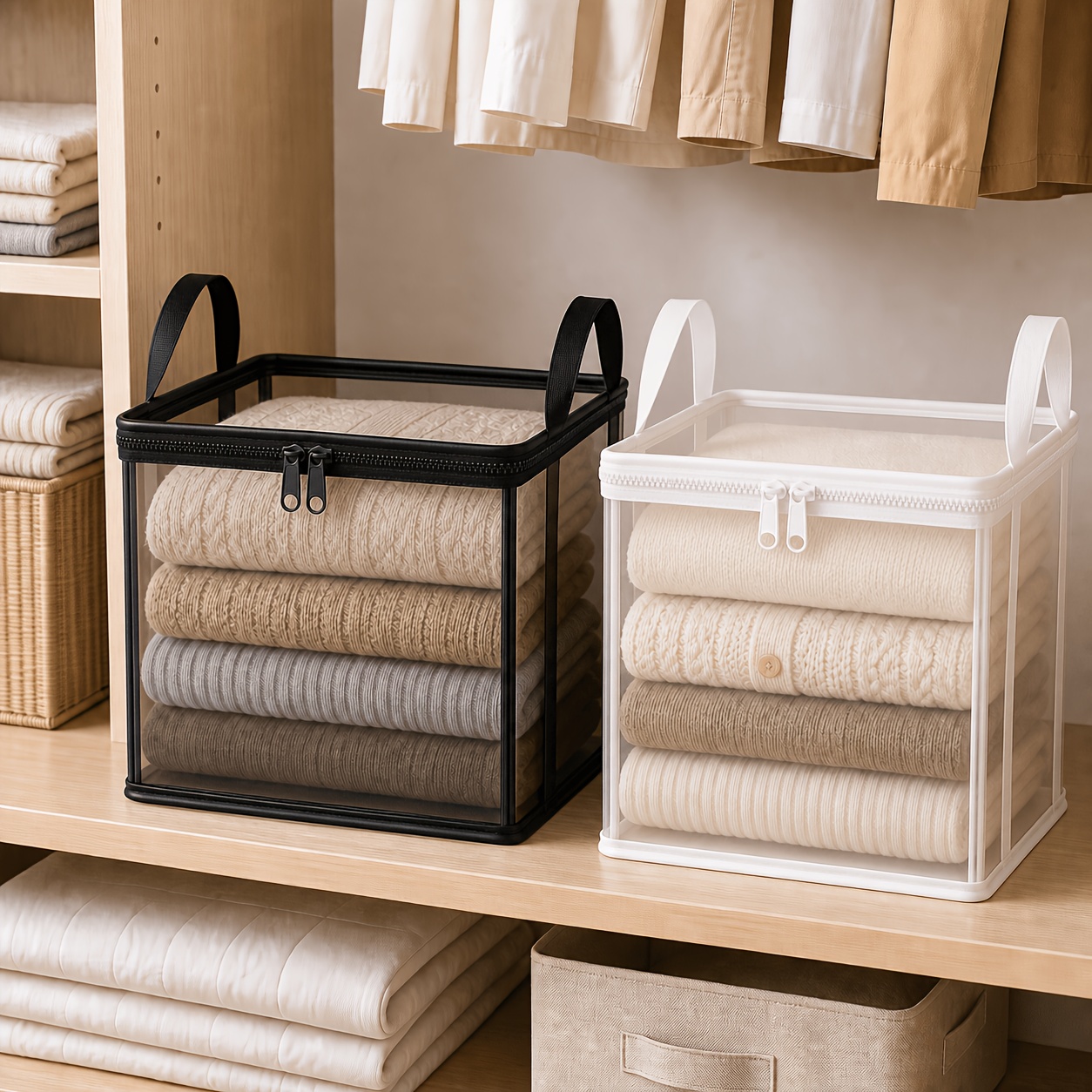 TEMU 2-pack Large Heavy-duty Clear Plastic Storage Bags For Clothes, Moving Bags With Zipper, Handles, And Lid, Foldable Closet Organizer Bins,