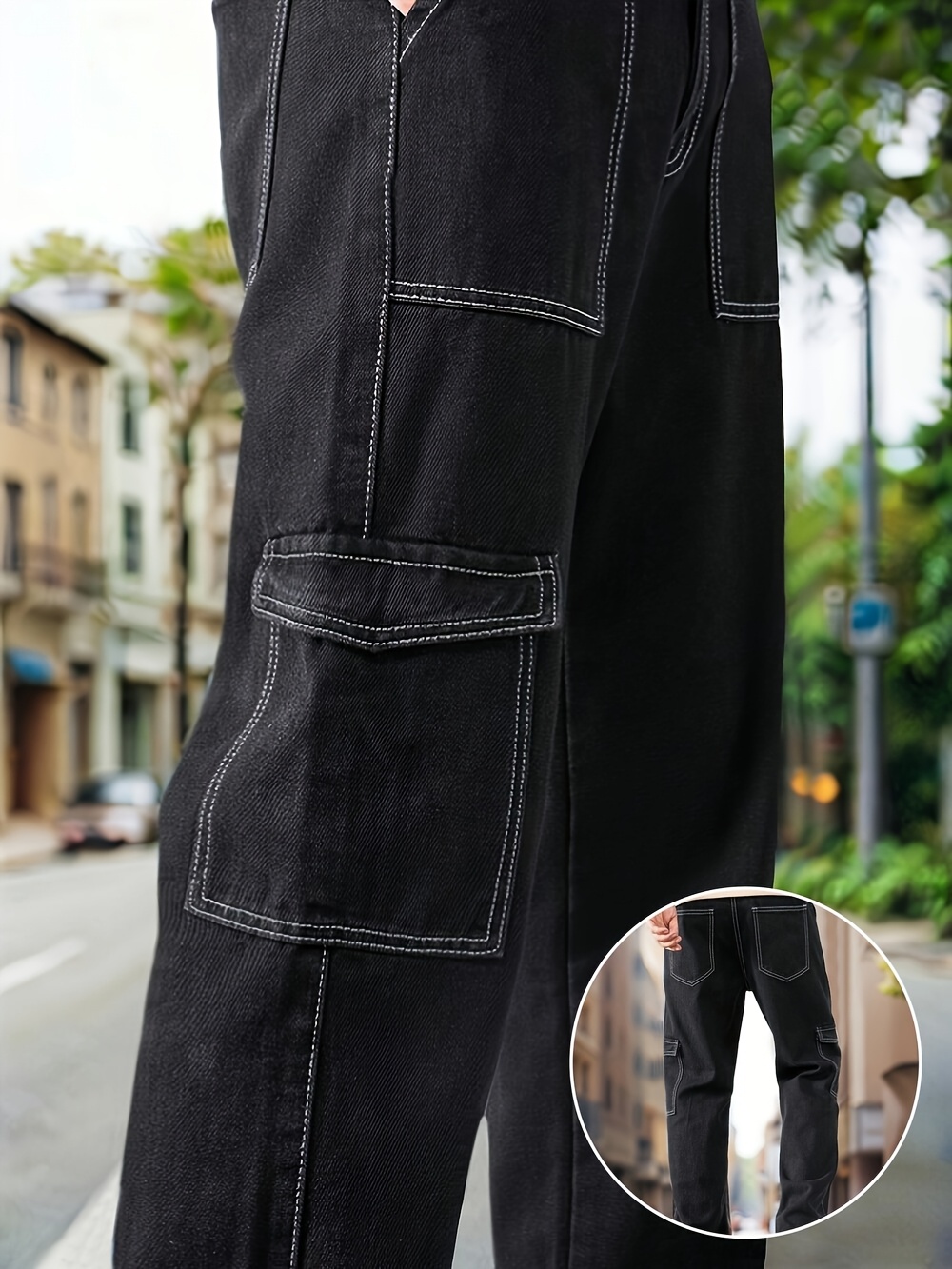 mens fashion cargo wide leg denim jeans white Temu United Arab