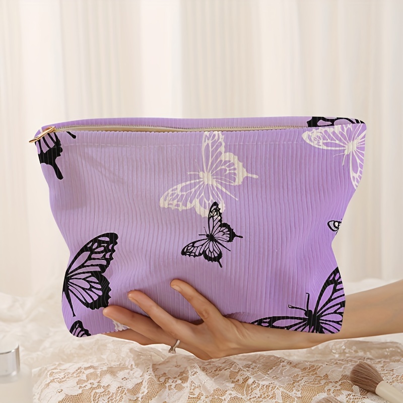 TEMU Chic Print Corduroy Makeup Bag - Lightweight, Multi-functional Cosmetic Pouch With Lining For Travel & Toiletries, Cosmetic Bag