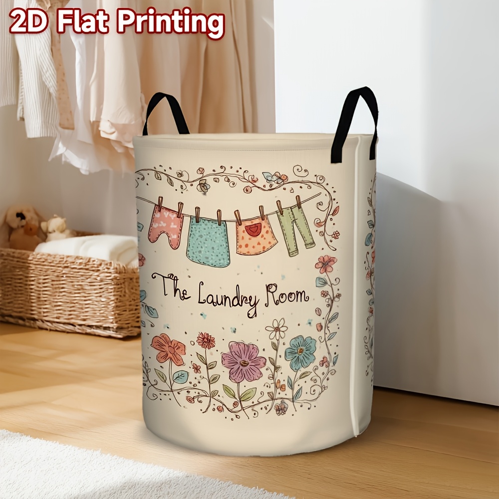 1pc Laundry Basket with Cute Floral & Clothespin Design - High-Capacity Foldable Hamper, Durable Polyester Fabric Storage Bin with Sturdy Handle for Bedroom, Bathroom, Dorm Organization (Beige)