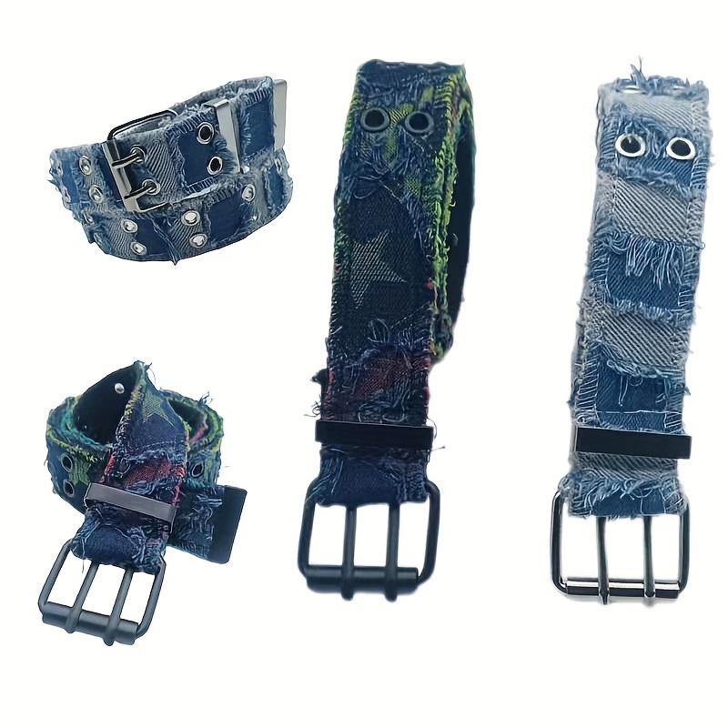 

Double boucle ceinture en denim Ceinture en laine cassée pour femmes Style punk hip-hop Ceinture polyvalente en denim pour pantalons