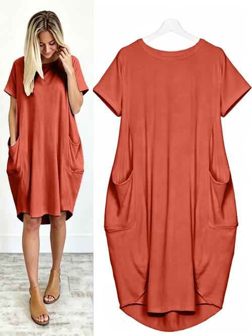 plus size plus size chibi directional beautiful womens plus size round neck loose short sleeve solid color dress with pockets