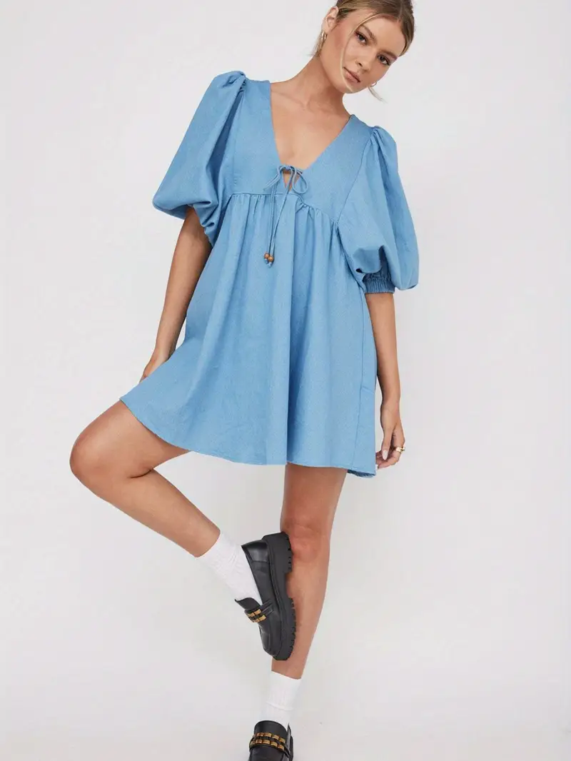 womens casual denim babydoll dress loose fit deep v neck tie - Temu womens casual denim babydoll dress loose fit deep v neck tie - Temu