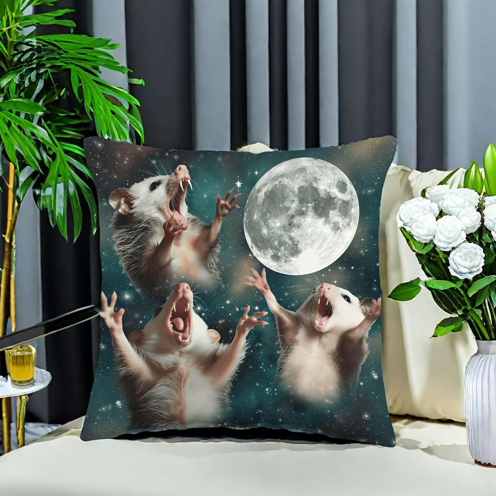 

1pc 3 Possum Moon 3 Opossum Funny Weird Cursed Meme Throw Pillow, 18x18in, Multicolor