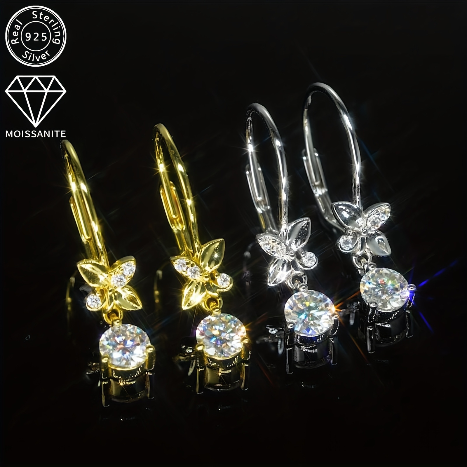 silver weight 2 04g moissanite 5mm 2pcs 1 3mm 6pcs 0 53ct 2pcs pair of moissanite earrings womens earrings 925 silver dangle style round moissanite earrings jewelry gift Product details 1