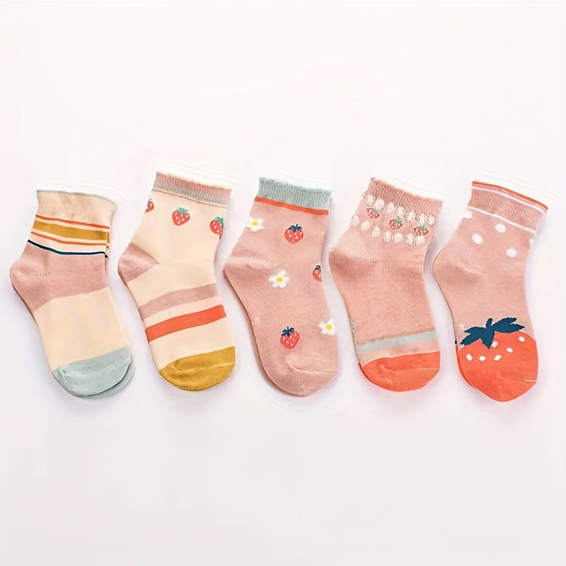 Image of 5-pair Girls' Princess Socks, Cute Pink Strawberry Sweet Socks, Soft And Sweat-absorbent, Suitable For , Adorable And Versatile, Socks For Children's Holiday, Birthday, And Party Gifts