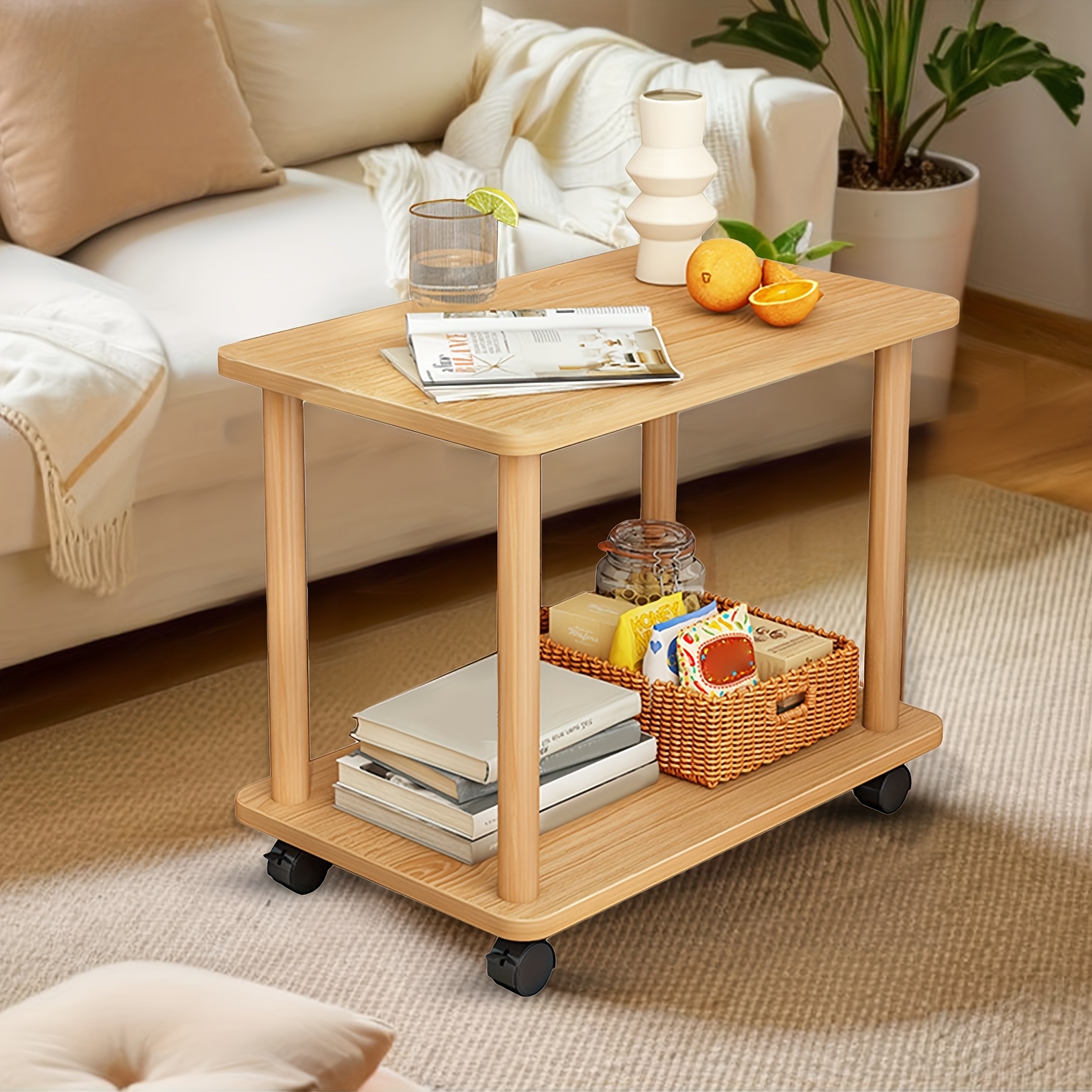 TEMU Mobile Wooden Table, Nordic Style Wooden Double-layer Mobile Table, Compact In Size, Suitable For Placing Books, Storage Baskets, Etc. In Living