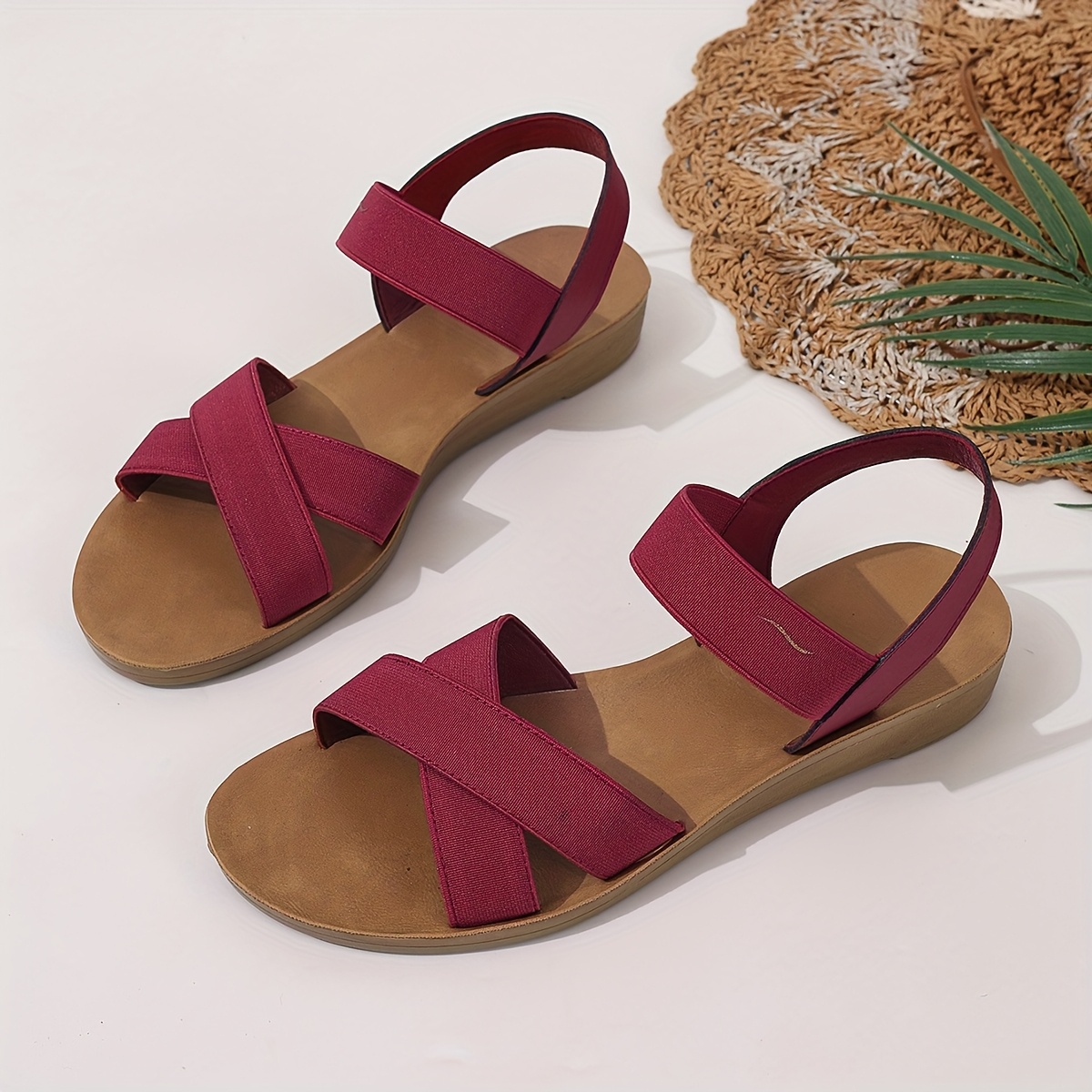 womens summer cross strap flat sandals soft fabric upper breathable open toe design slip on   with cushioned tpr sole for casual walking shopping vacation burgundy strappy sandals casual attire synthetic cover insole Product details 2