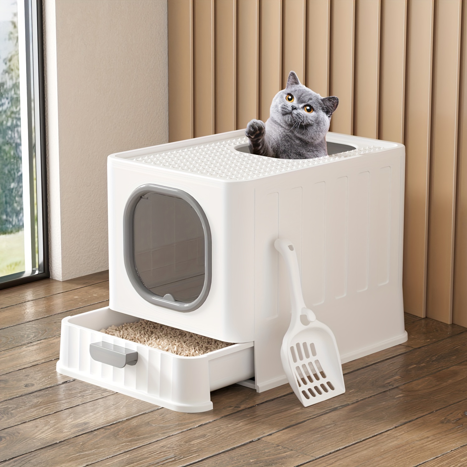 

Large Enclosed Cat Litter Box With Lid Cover Hooded Odorless Cat Toilet With Litter Scoop Cat Self Groomer Deodorizer Filter