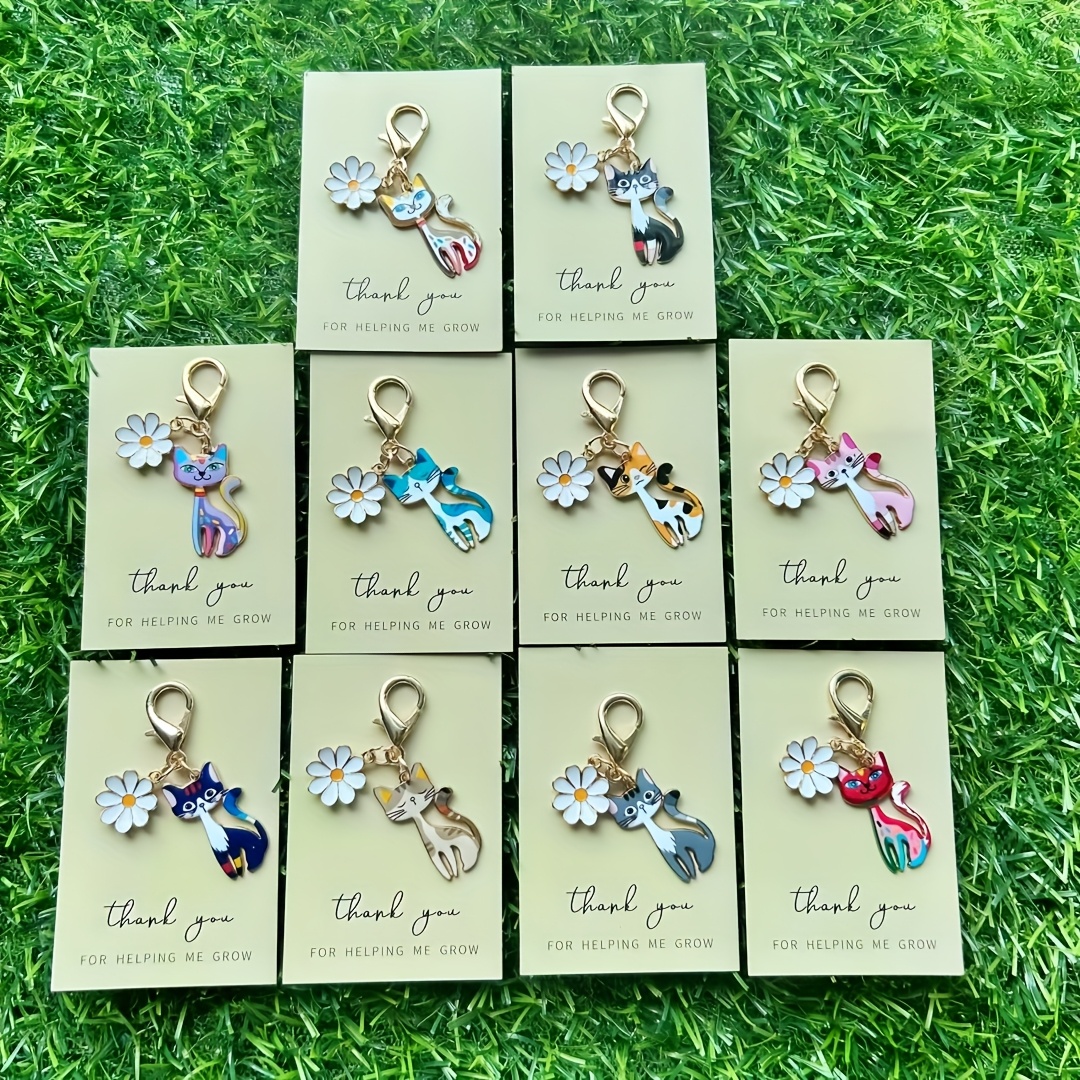 10pcs Cute Cartoon Cat Pendant With Thank You Card Pet Keychain, Clothing Backpack, Car Key Pendant, Metal Keychain, Key Ring, Mobile Phone Chain, Gift For With Card