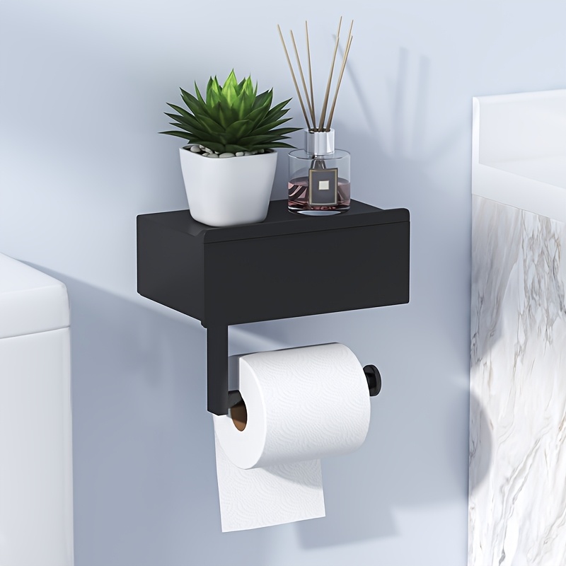 1pc Sleek Black Wall-mounted Toilet Paper Holder With Shelf - Easy No-drill Installation, Durable Organizer For Bathroom Essentials, Includes Storage For Tissues & Wipes, Bathroom Storage