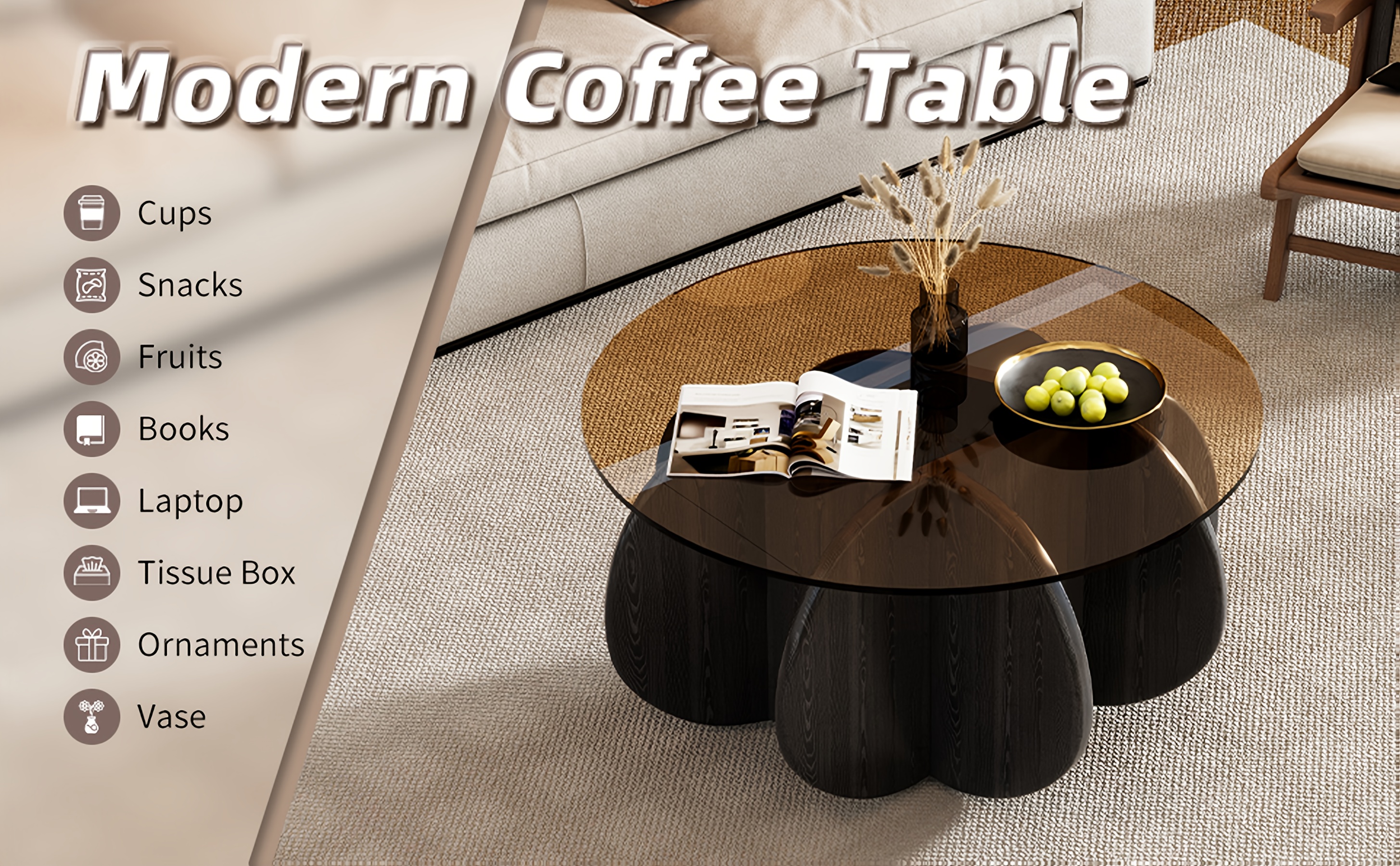 31.5'' Round Glass Coffee Table, Center Table with Tempered Glass-Top for Small Space, Modern Round Coffee Table for Living Room, Home, Office, Easy Assembly. (Brown + Brown), Living Room Coffee Table, Coffee Tables with Storage