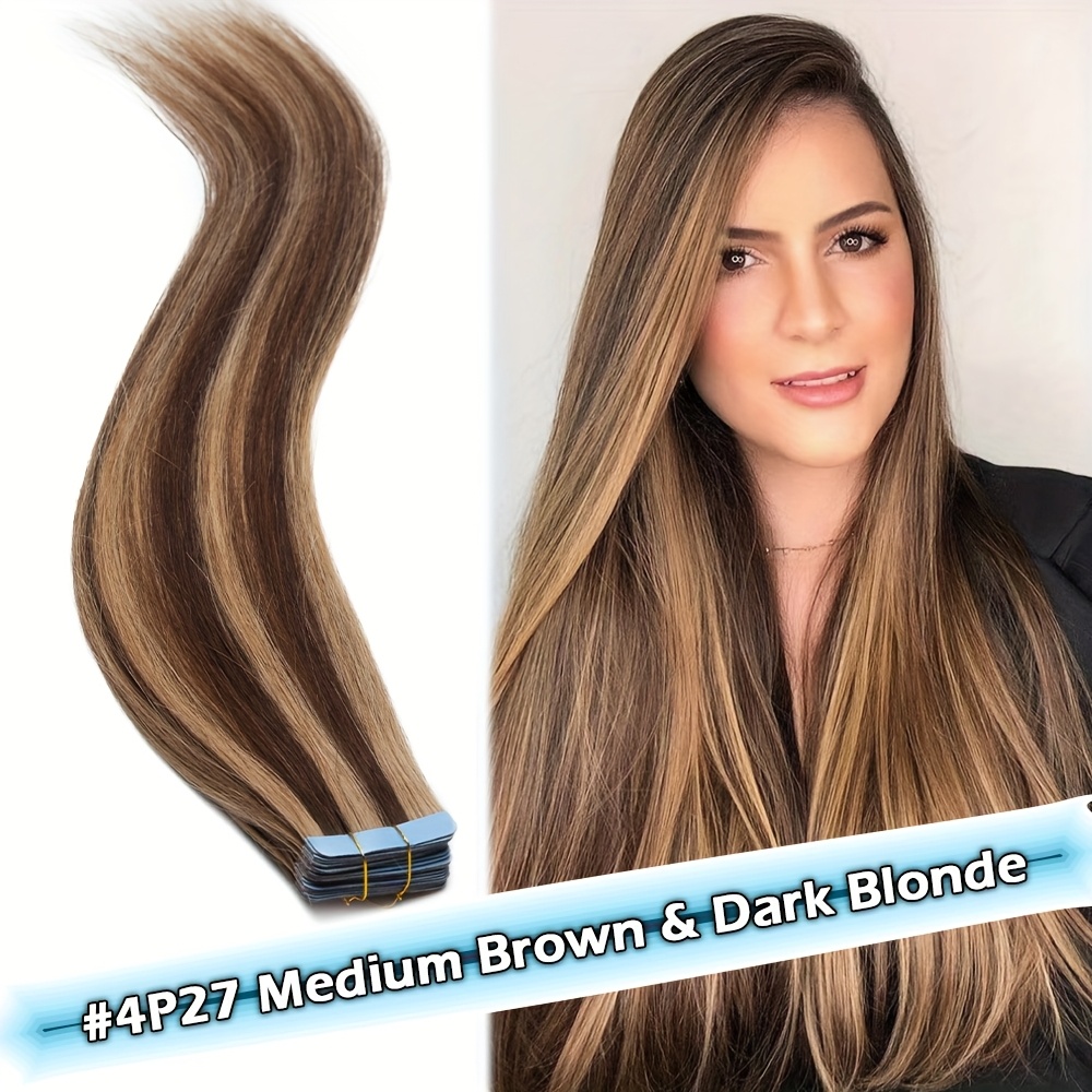 10pcs 1 pack straight real human hair tape in extensions straight smooth hair extensions 16 24 natural popular blonde color human hair extneisons for women versatile use for   party brithday fesitival to add volumn and length details 0