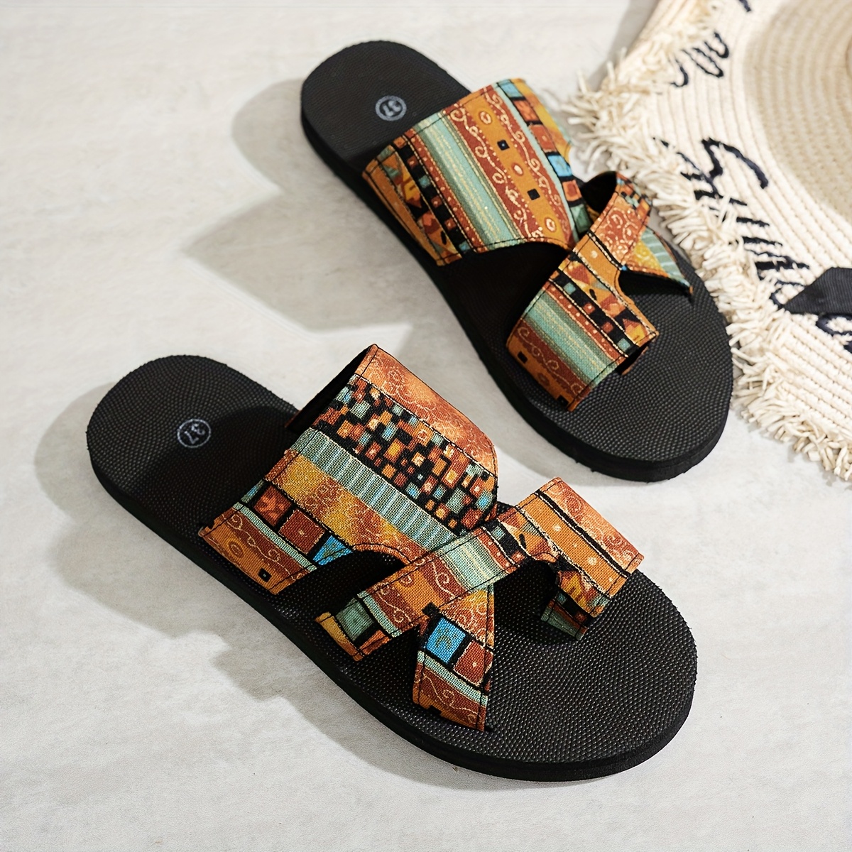 [Bohemian Slides] Comfortable Breathable Mesh Women's Slides | Flat Open Toe Slippers with Colorful Geometric Cover Patches, Casual Summer Outdoor Activity Footwear, Black, Red, or Brown, Rubber Sole, Faux Cover Insole