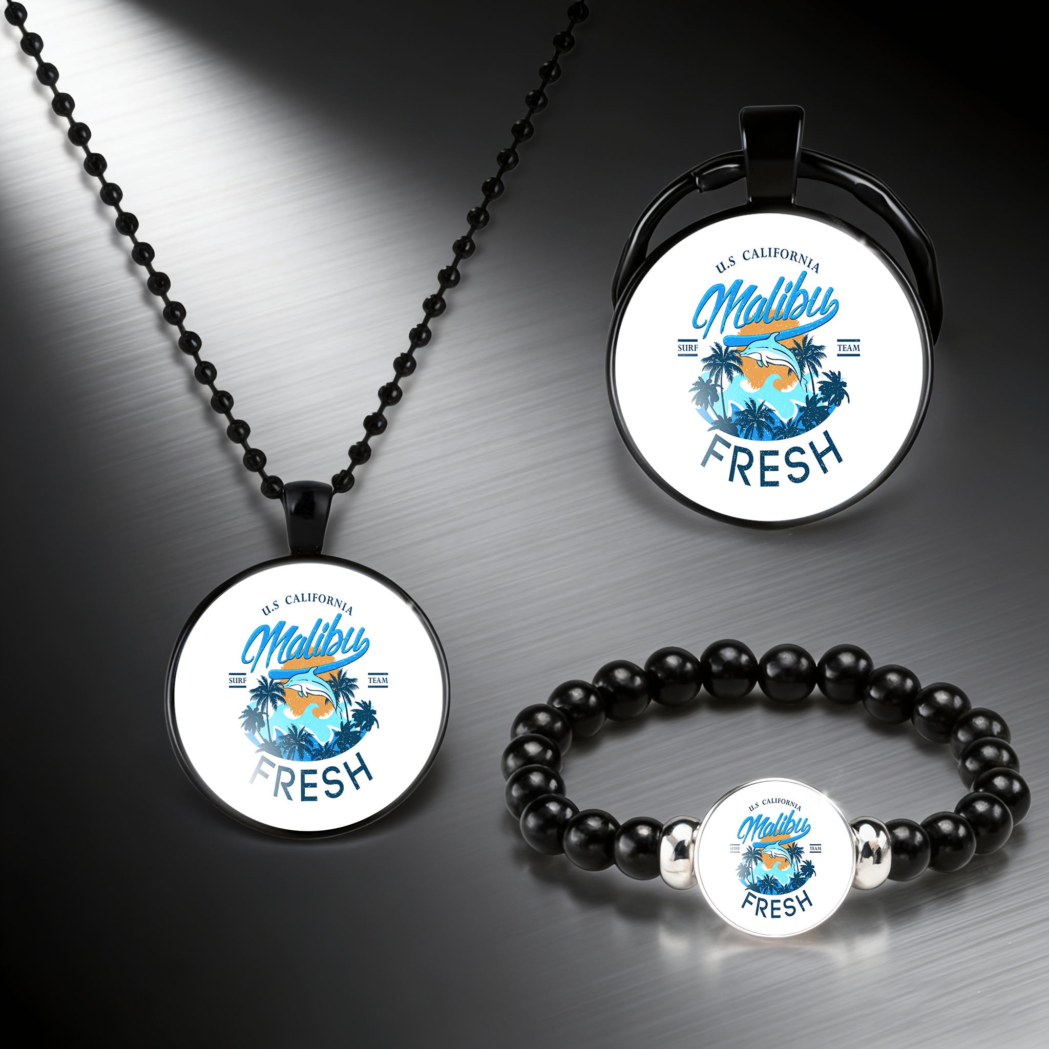 3pcs Round Glass Inlaid Pattern Jewelry Set, Necklace, Bracelet, Keychain