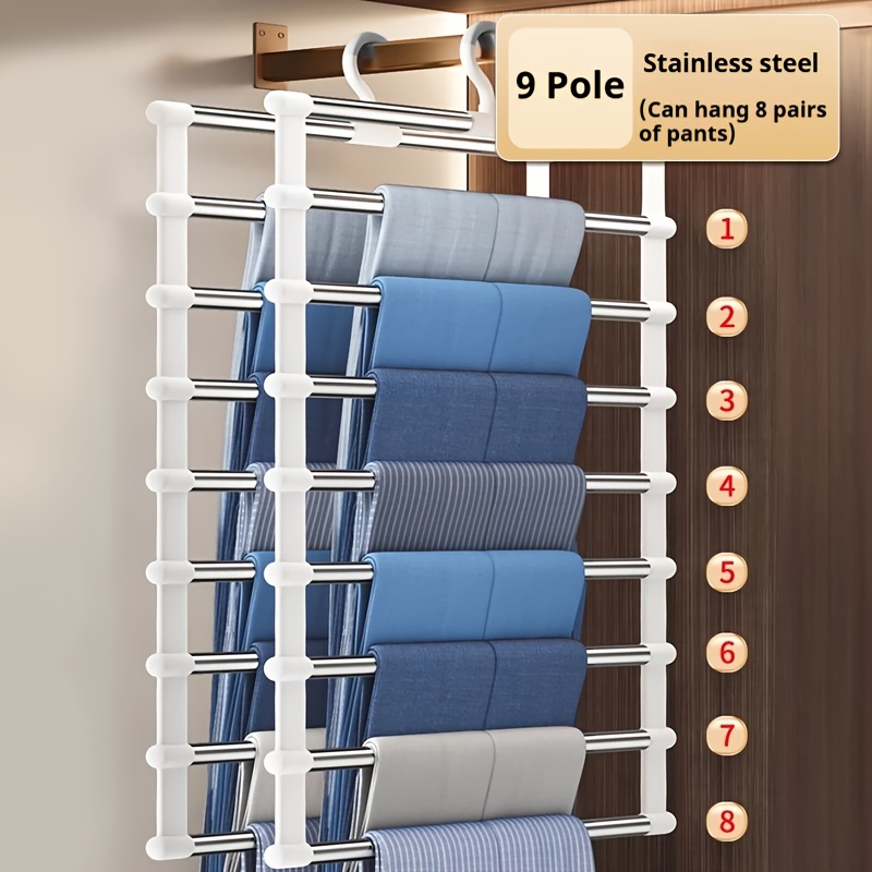 TEMU Joybos 9-pole Stainless Steel Pants Hanger, Multi-layer Space Saving Trousers Rack, Non-slip Versatile Clothes Organizer For Scarves Jeans Towels