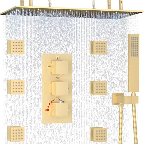 32X16 Inch Thermostatic Shower System Featuring Body , LED Shower for Couples with Handheld Option, Ceiling-Mounted Rain Shower Faucet Set, Brushed Golden And Chrome End For shower use only