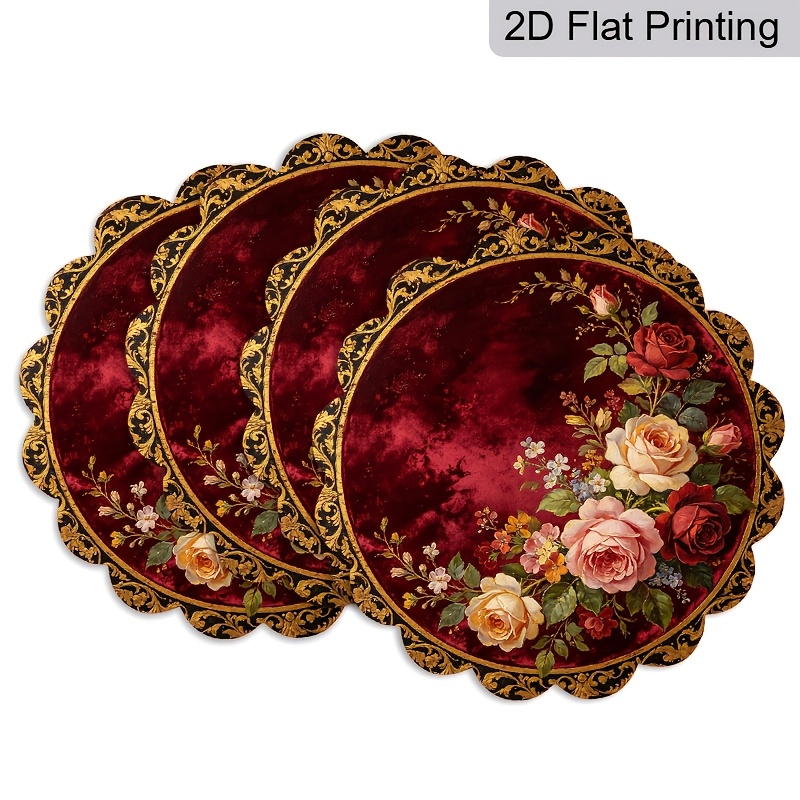 TEMU 4er-Set Gothic Tischsets mit roten Rosen, geeignet für Hochzeitsbankette, gehobene Restaurants & Retro-Tischdeko – Runder Tisch mit rutschfester