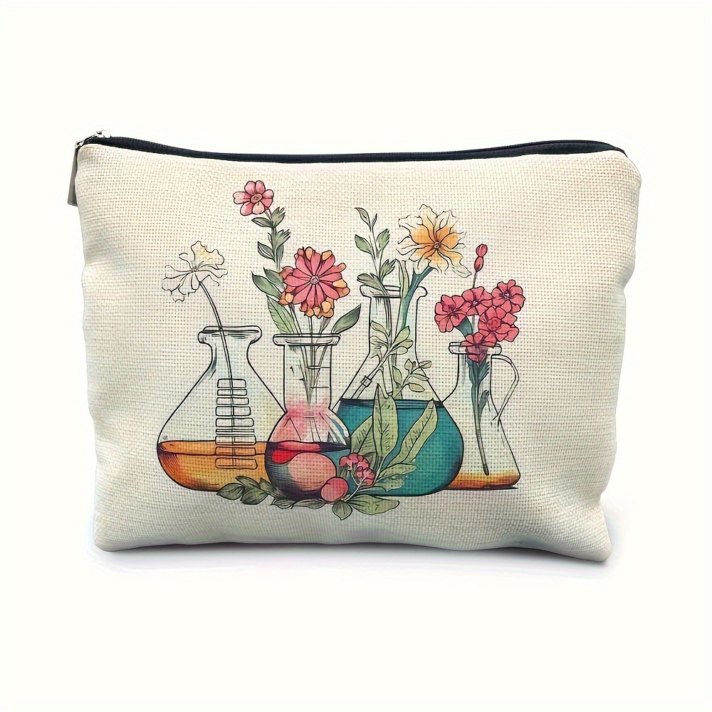 

Makeup Bag For - Floral Beaker Design, Lightweight & Foldable Cosmetic Pouch With Zipper Closure - Perfect Appreciation Gift For Educators