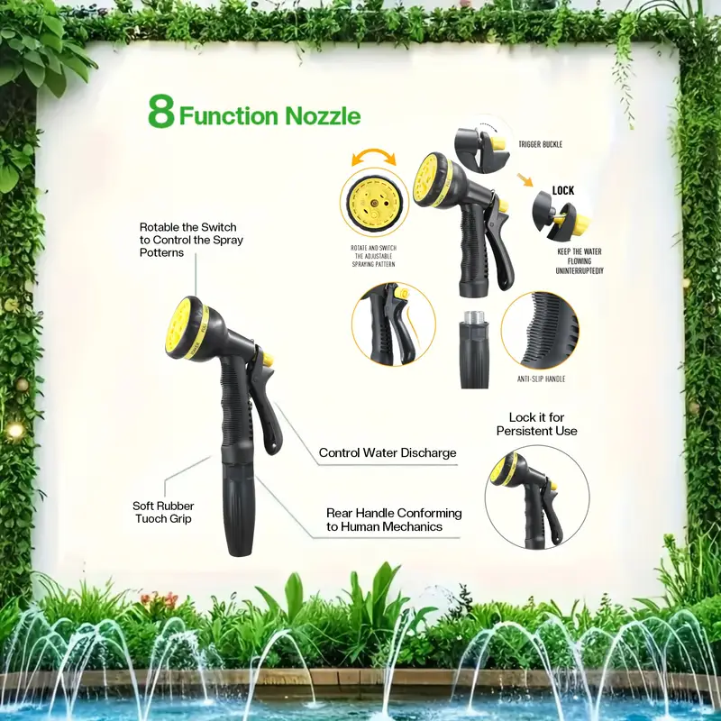 50ft heavy-duty high-pressure heavy-duty garden hose with spray gun & high quality inner tube - lightweight tpe composite, aluminum connectors, nozzle (rain, shower, mist, flat spray, soaker, rinse, wash, jet) - , kink-resistant, -resistant - ideal for car wash, lawn, garden, construction - compatible standard threads Product details 4