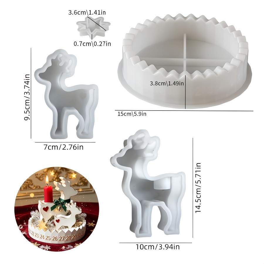 TEMU Diy Clay Mold Christmas 4pcs Set Of Big Deer Candle Holder Flat Deer Calendar Silicone Mold Set With Drip Resin Silicone, Reusable For Home