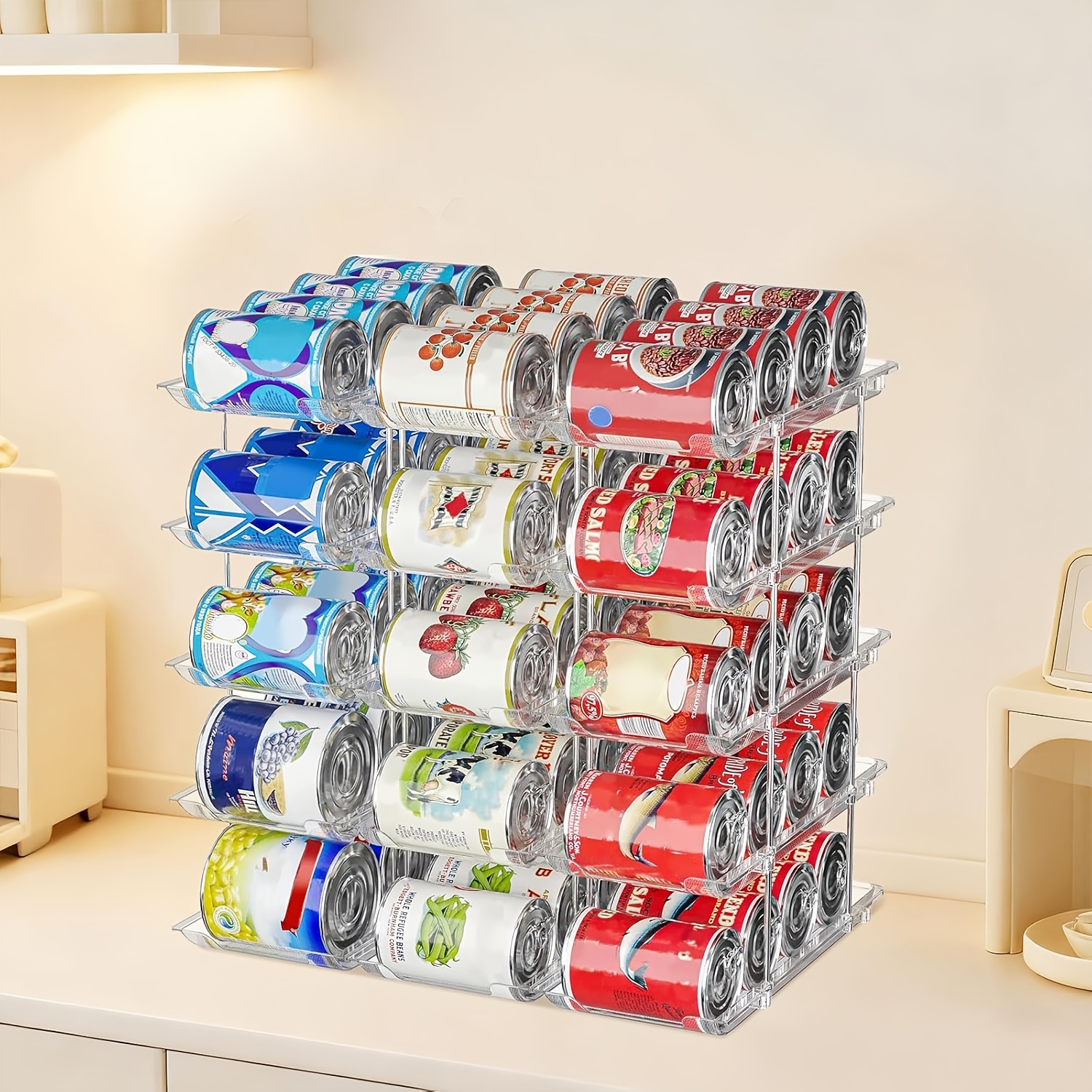 Image of Can Organizer For Pantry, 3 Sets 5 Tiers Free Combination Can Dispenser, Soda Can Organizer For Fridge And Countertop, 60 Cans Rack Automatic Rolling Stackable Canned Food Organizer, Clear